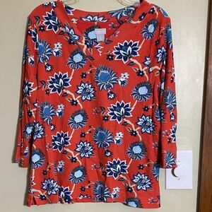 Chico's Orange and Blue Floral 3/4 Sleeve Top